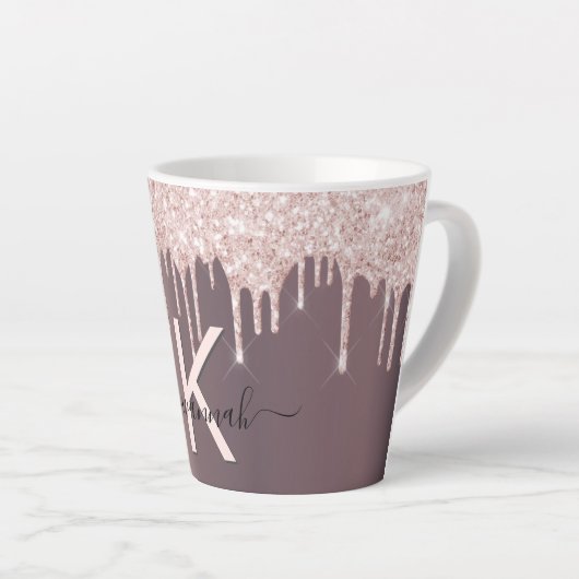 Koper roze glitter druppels naam latte mok (Rechterhoek)