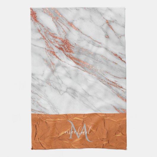Koper Roze Goud & Grijs Marmer met Monogram Kit Theedoek (Verticaal)