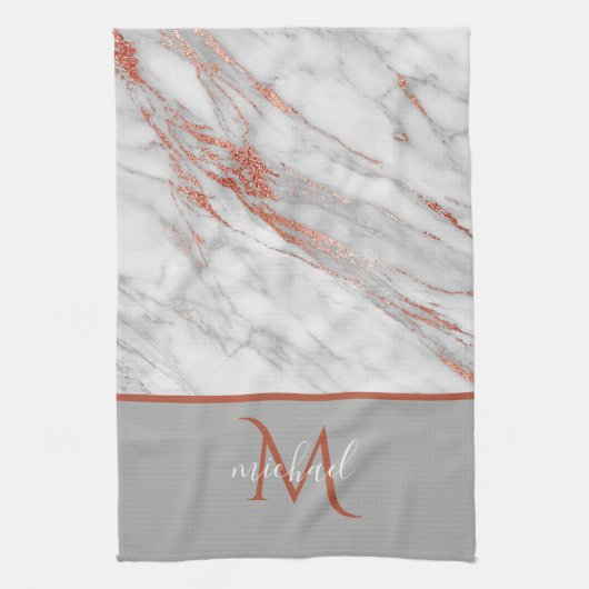 Koper Roze Goud & Grijs Marmer met Monogram Theedoek (Verticaal)