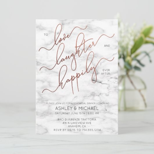 Koper Script Marmeren Zwart Repetitie Diner Uitnod Kaart (Staand voorkant)