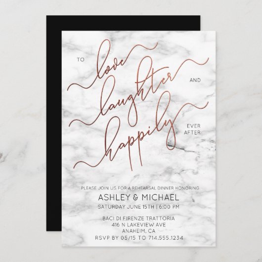 Koper Script Marmeren Zwart Repetitie Diner Uitnod Kaart (Voorkant / Achterkant)