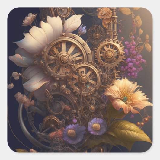 Koper Steampunk Paarse Bloemen Unieke Bruiloft Vierkante Sticker (Voorkant)