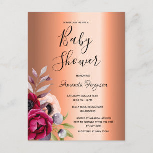 koper - uitnodiging voor baby shower burgundy flor
