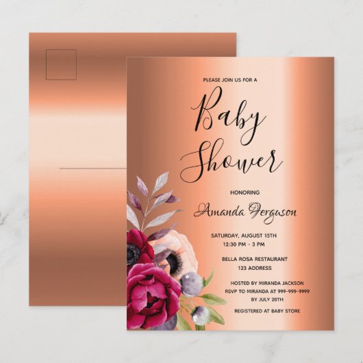 koper - uitnodiging voor baby shower burgundy flor (Voorkant / Achterkant)