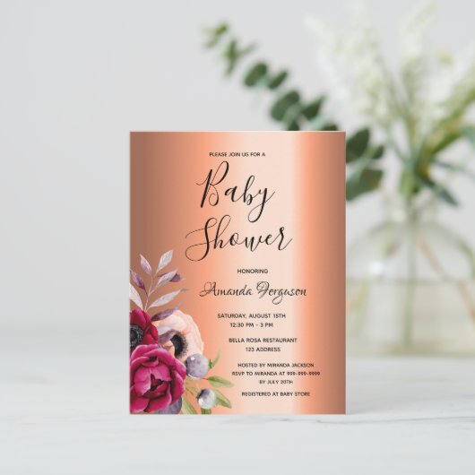 koper - uitnodiging voor baby shower burgundy flor (Staand voorkant)