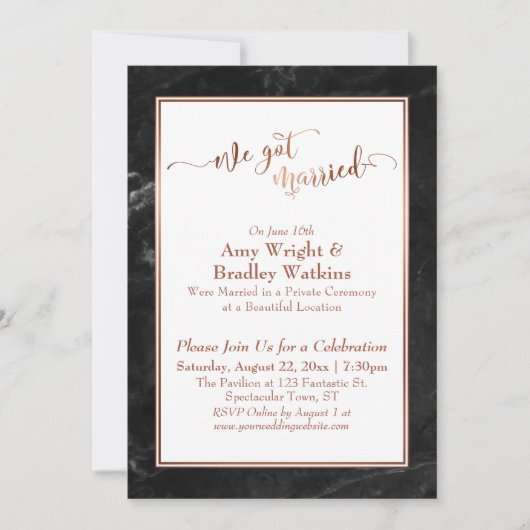 Koper We Zijn Getrouwd Zwarte Marmer Viering Kaart (Voorkant)