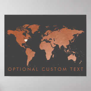 Koper Wereldkaart Decor met bewerkbaar hart Poster