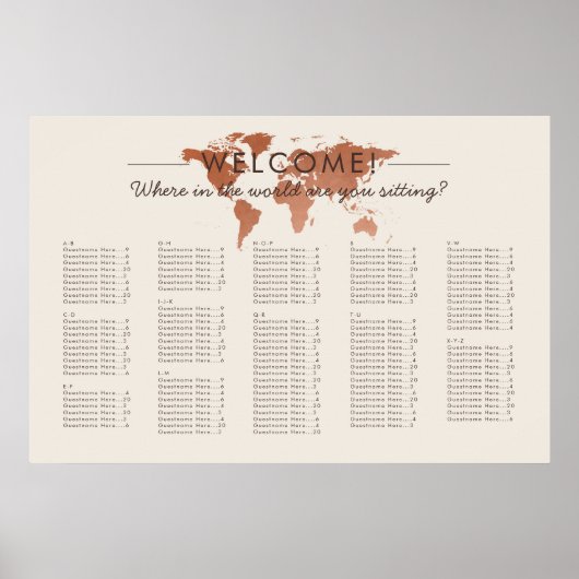 Koper Wereldkaart Reis Thema Zitplaats Chart Poster (Voorkant)