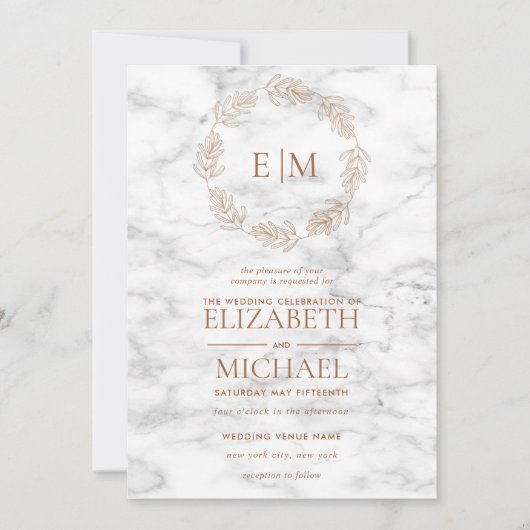 Koper Wreath Marble Monogram Elegant Wedding Kaart (Voorkant)