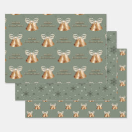 Koperbellen en groene sneeuwvlokken Kerstmis Inpakpapier Vel