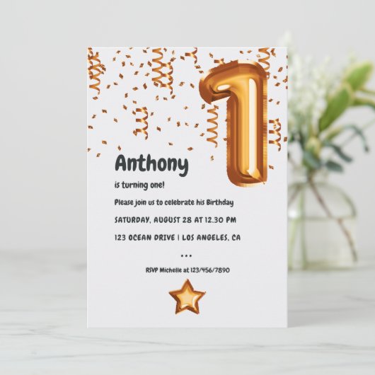 Koperen ballon 1e verjaardag uitnodiging (Staand voorkant)