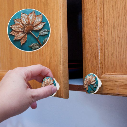 Koperen Bloeiende Bloem op Teal Keramische Knop