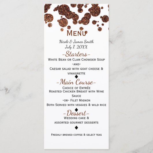 Koperen bronzen moderne glamour confetti menu (Voorkant)