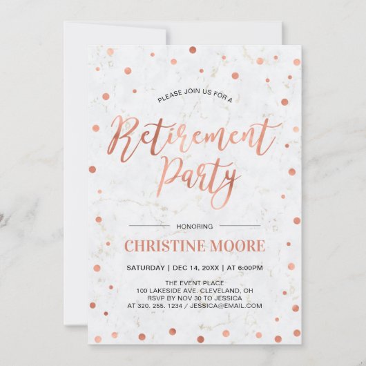 Koperen Confetti en marmer | Moderne Pensioenparti Kaart (Voorkant)