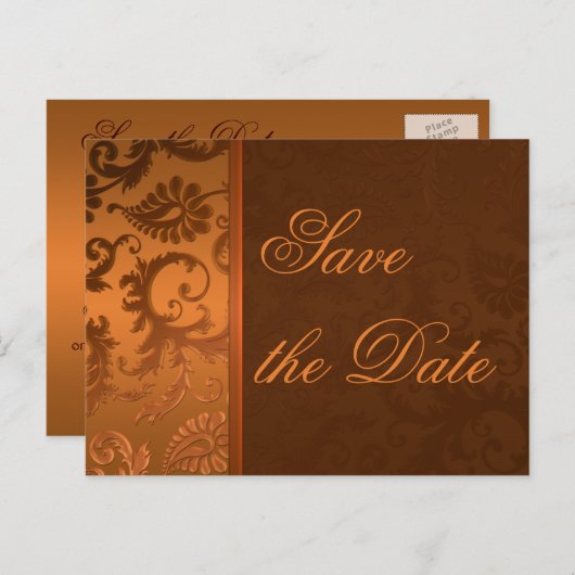 Koperen en bruine damast Save the Date Briefkaart (Voorkant / Achterkant)