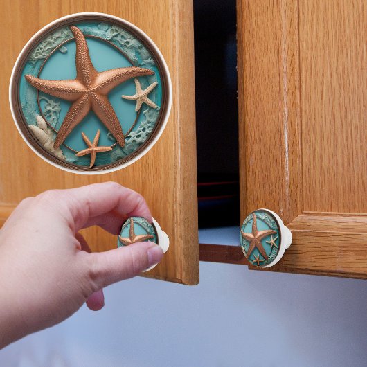 Koperen en Turquoise Zeester Keramische Knop