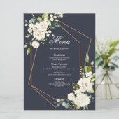 Koperen Geometrische Blauwe Witte Bloemen Bruiloft Menu (Staand voorkant)