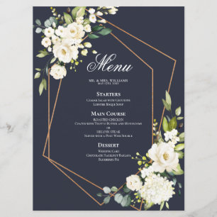 Koperen Geometrische Blauwe Witte Bloemen Bruiloft Menu