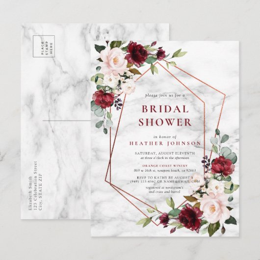 Koperen Geometrische Bourgondië Marmeren Bruilofts Aankondigingskaart (Voorkant / Achterkant)