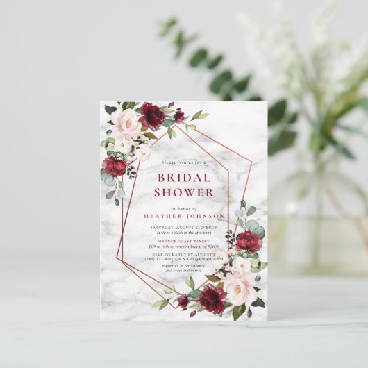 Koperen Geometrische Bourgondië Marmeren Bruilofts Aankondigingskaart (Staand voorkant)