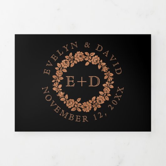 koperen glitter-roos met zwarte bruiloft drieluik uitnodiging (Cover)