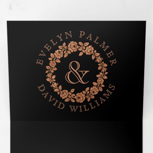 koperen glitter-roos met zwarte bruiloft drieluik uitnodiging (Binnenzijde eerst)