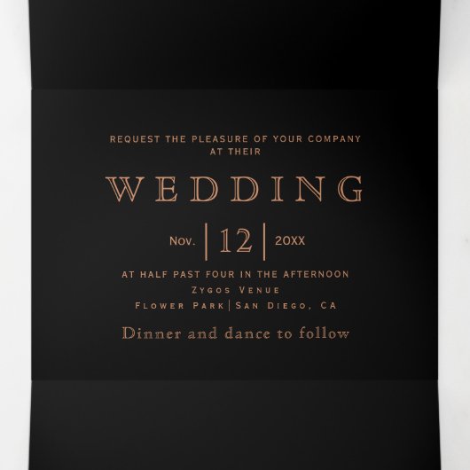  koperen glitter-roos met zwarte bruiloft drieluik uitnodiging (Binnenkant midden)