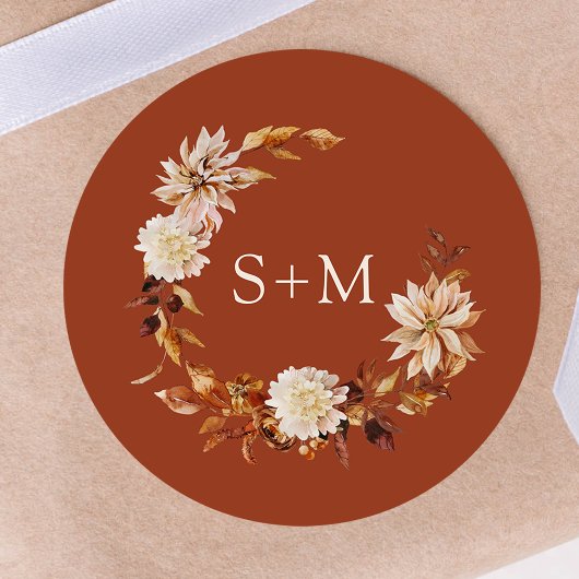 Koperen Herfst Monogram Florale Krans Envelopezege Ronde Sticker