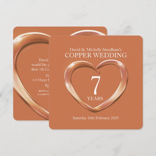 Koperen huwelijks hart 7 jaar feest uitnodiging (Voorkant / Achterkant)