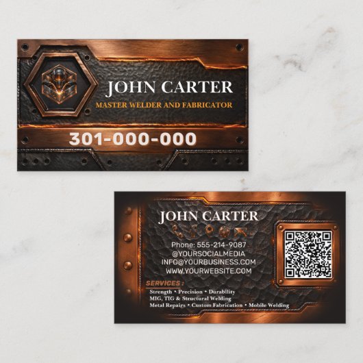 Koperen lasser lasdiensten Metaal Logo QR-code Visitekaartje (Voorkant / Achterkant)