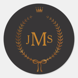 Koperen Lauwerkrans met Elegant Monogram Kroon Ronde Sticker