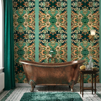 Koperen Patina Acanthus Scroll Damast Gestreept  Behang