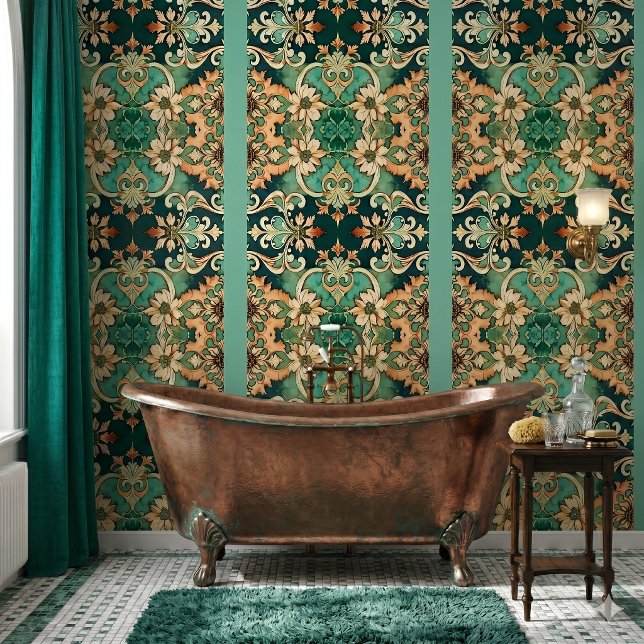 Koperen Patina Acanthus Scroll Damast Gestreept  Behang (vintage style copper patina scrollwork damask stripe wallpaper in Victorian inspired bathroom)