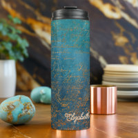 koperen patina met turquoise kalligrafie