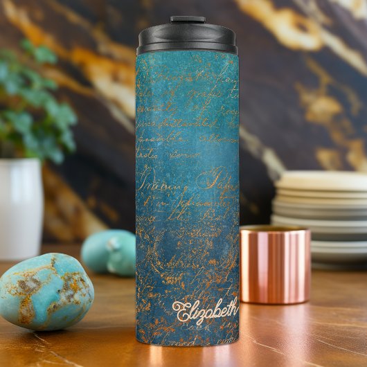  koperen patina met turquoise kalligrafie thermosbeker