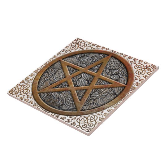 Koperen Pentacle Coin & Keltische Knoop Grensplein Tegeltje (Zijkant)