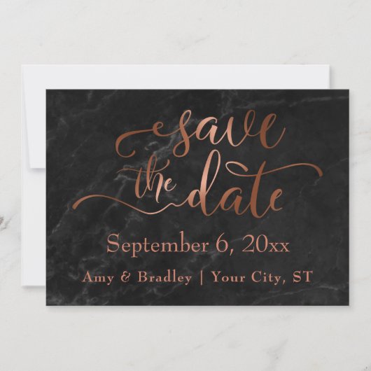 Koperen Script & Black Marble Bruiloft Bewaar de d Save The Date (Voorkant)