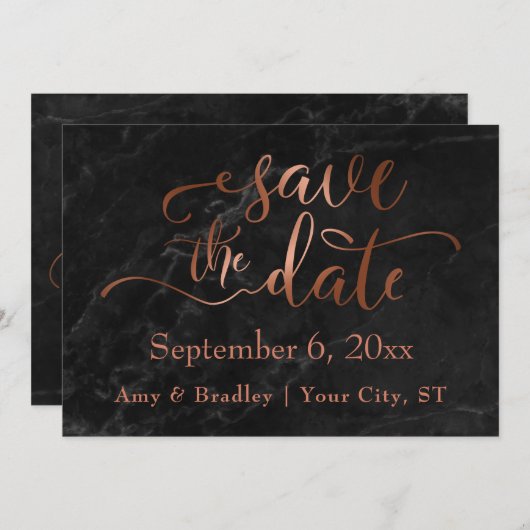 Koperen Script & Black Marble Bruiloft Bewaar de d Save The Date (Voorkant / Achterkant)