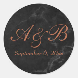 Koperen Script Initialen & Datum w / Faux zwart ma Ronde Sticker