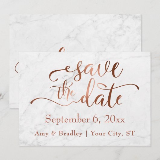 Koperen Script & Wit Marmeren Bruiloft Save the Da Date (Voorkant / Achterkant)