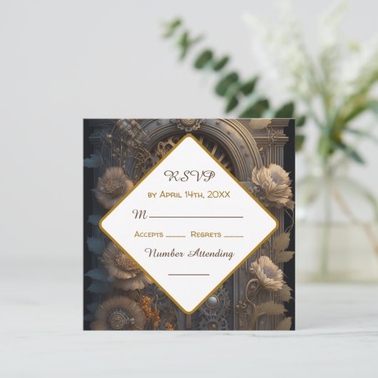 Koperen Steampunk Unieke Bruiloft RSVP Kaart (Staand voorkant)
