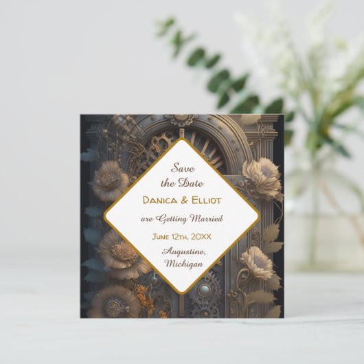 Koperen Steampunk Unieke bruiloft Save the Date Kaart (Staand voorkant)