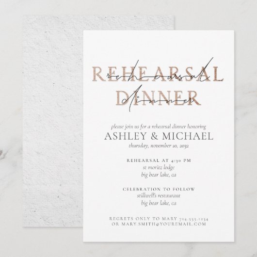 KOPEREN TYPOGRAFIE Bruiloft repetitie diner Kaart (Voorkant / Achterkant)