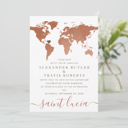 Koperen Wereldkaart Bestemming Trouwfeest Kaart (Staand voorkant)