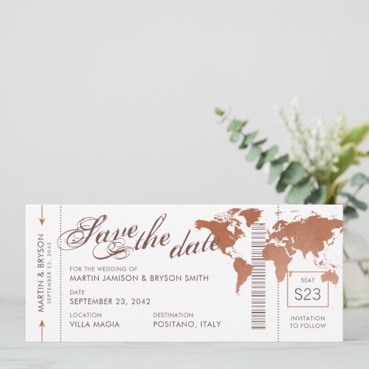 Koperen Wereldkaart Boarding Pass Opslaan Datum Ka Aankondiging (Staand voorkant)