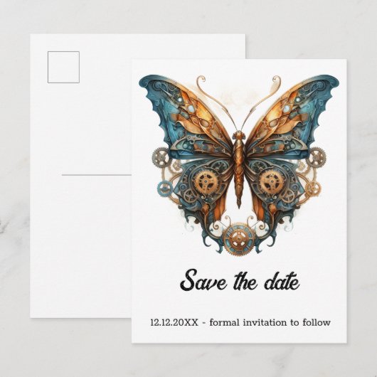 Koperfladderer Knutselaar Vlinder Steampunk Bruilo Aankondigingskaart (Voorkant / Achterkant)