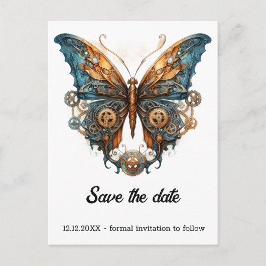 Koperfladderer Knutselaar Vlinder Steampunk Bruilo Aankondigingskaart (Voorkant)