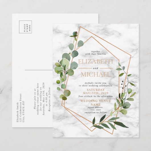 Kopergeometrische groene marmer Briefkaart bruilof (Voorkant / Achterkant)
