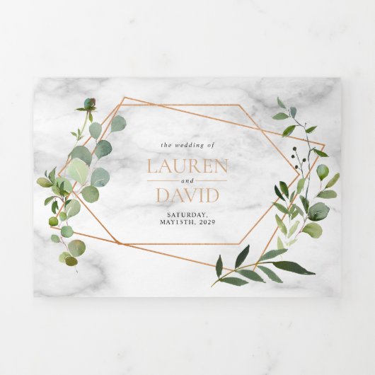 Kopergeometrische marmer Eucalyptus Elegant Weddin Drieluik Uitnodiging (Cover)