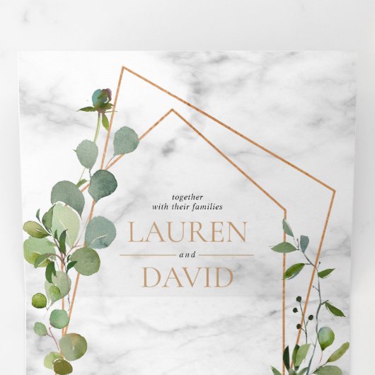 Kopergeometrische marmer Eucalyptus Elegant Weddin Drieluik Uitnodiging (Binnenzijde eerst)